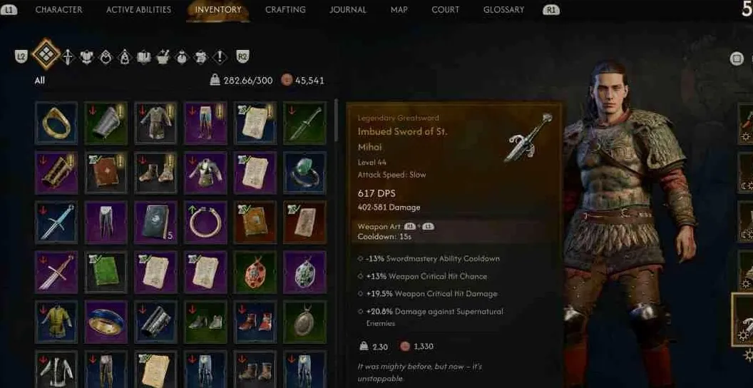 The restored Imbued Sword of St. Mihai legendary greatsword in the inventory