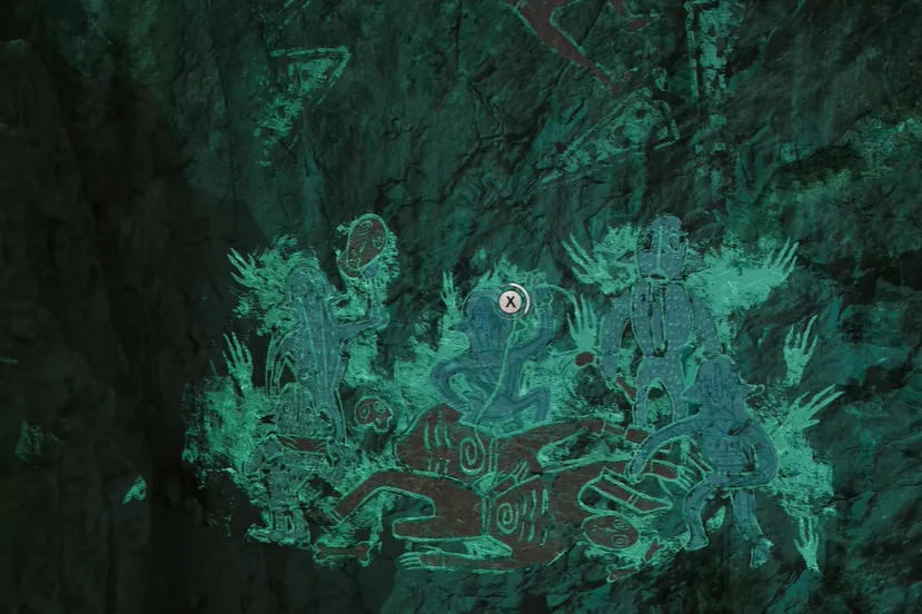 The ancient turquoise cave mural in the mines during Bad Blood