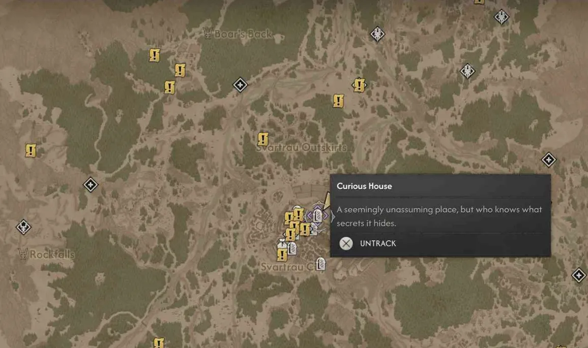 Map showing a Curious House marker near the Svartrau outskirts