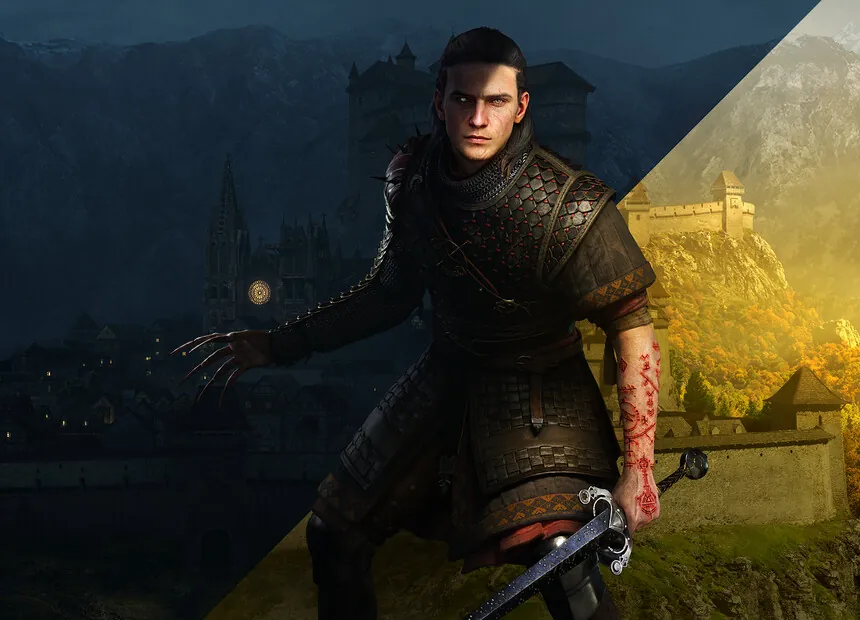 Coen standing between the world of day and the realm of night in The Blood of Dawnwalker key art