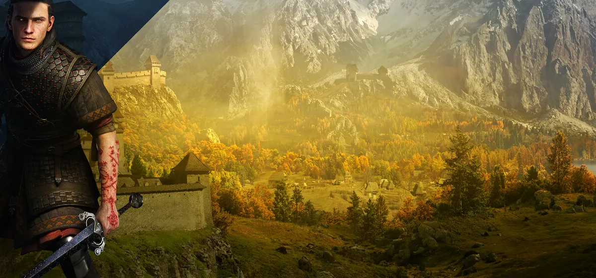 The Blood of Dawnwalker key art band showing the valley fortress at dusk