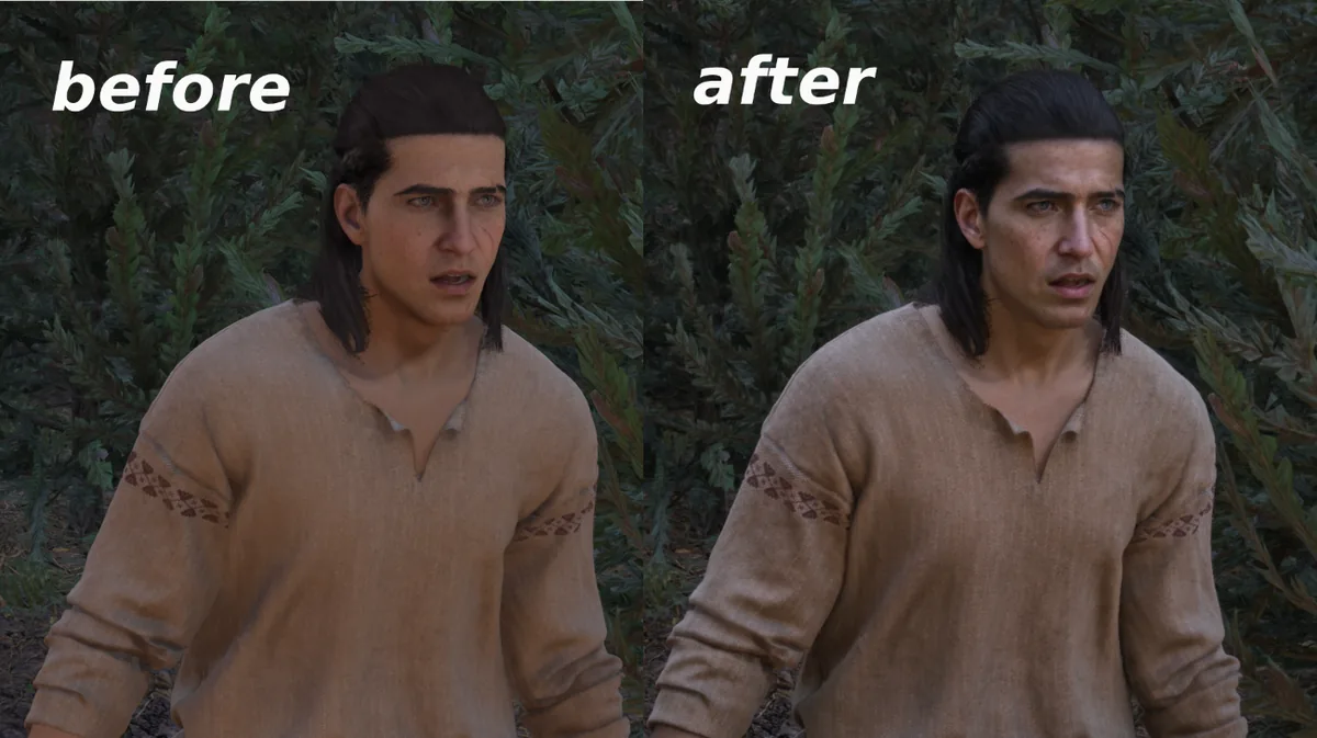 Before and after comparison of DLSS 5 image quality in The Blood of Dawnwalker