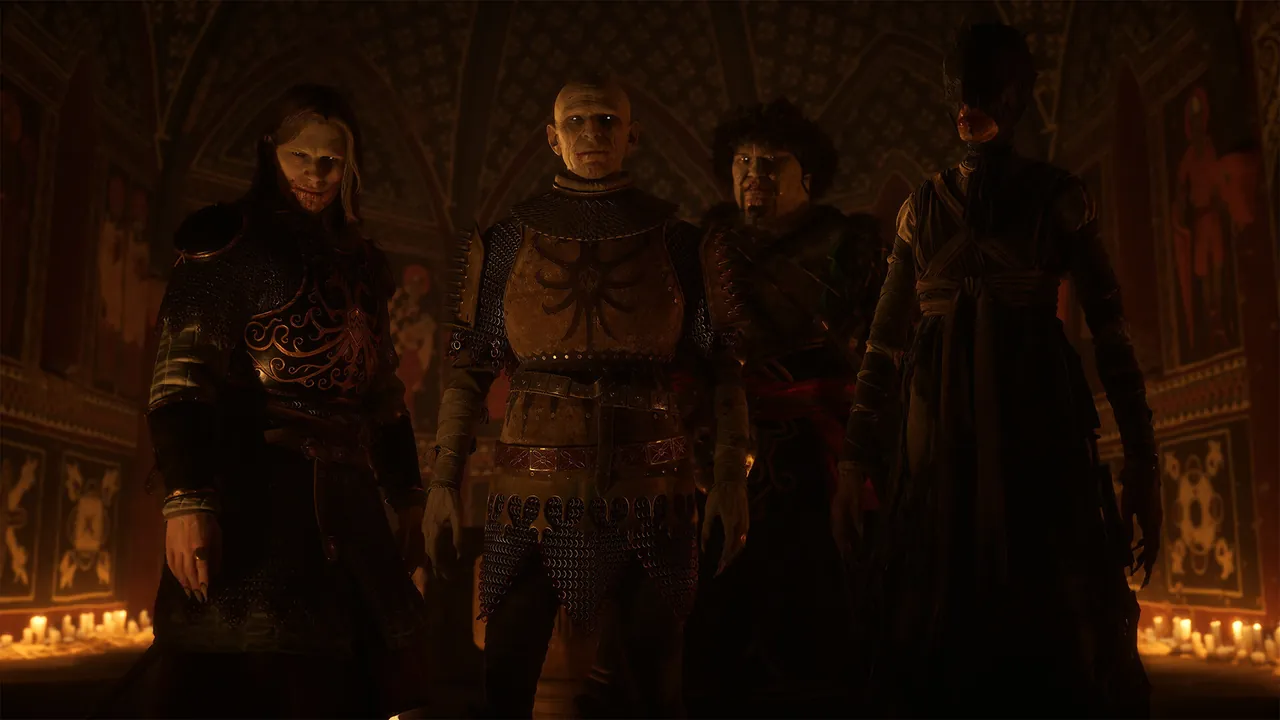 A candlelit hall full of armed figures in The Blood of Dawnwalker