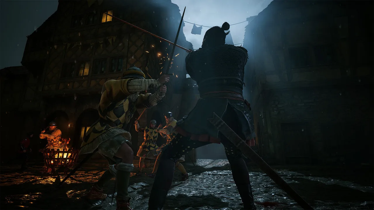 Night falls over torch-lit figures in The Blood of Dawnwalker