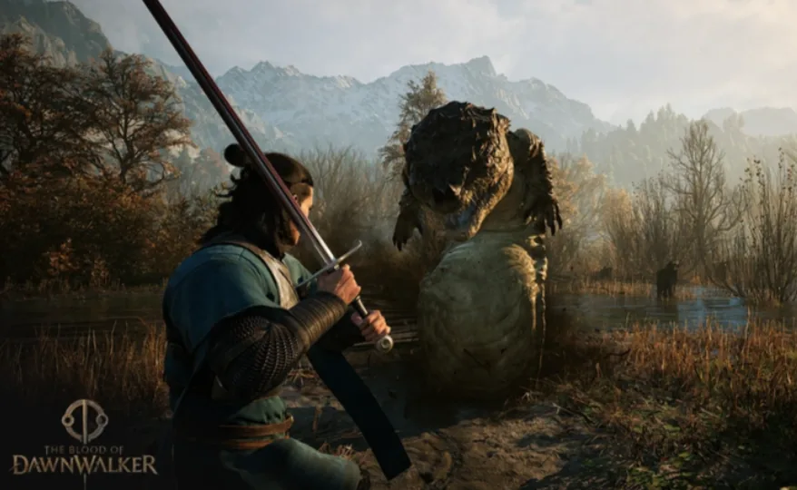 Official key art of The Blood of Dawnwalker showing Coen with his sword