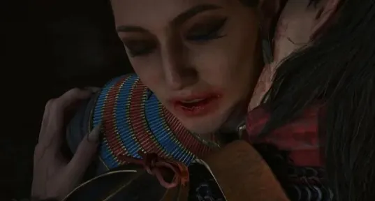 The romance scene between Coen and Lacra in the cave by the ancient riverbank