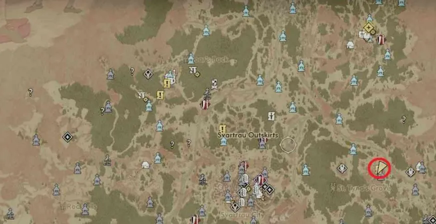 Map marking the wrecked blood wagon southeast of Svartrau near St. Tynor's Grove