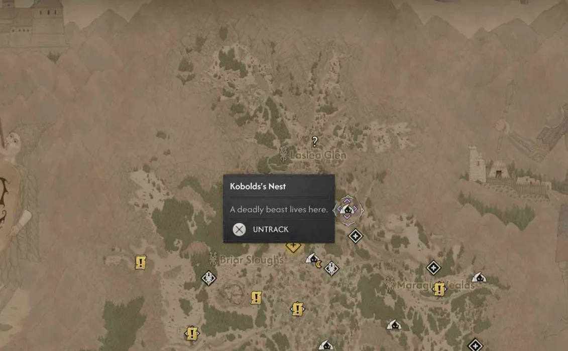 Map showing a Kobolds's Nest between Laslea Glen and Briar Sloughs