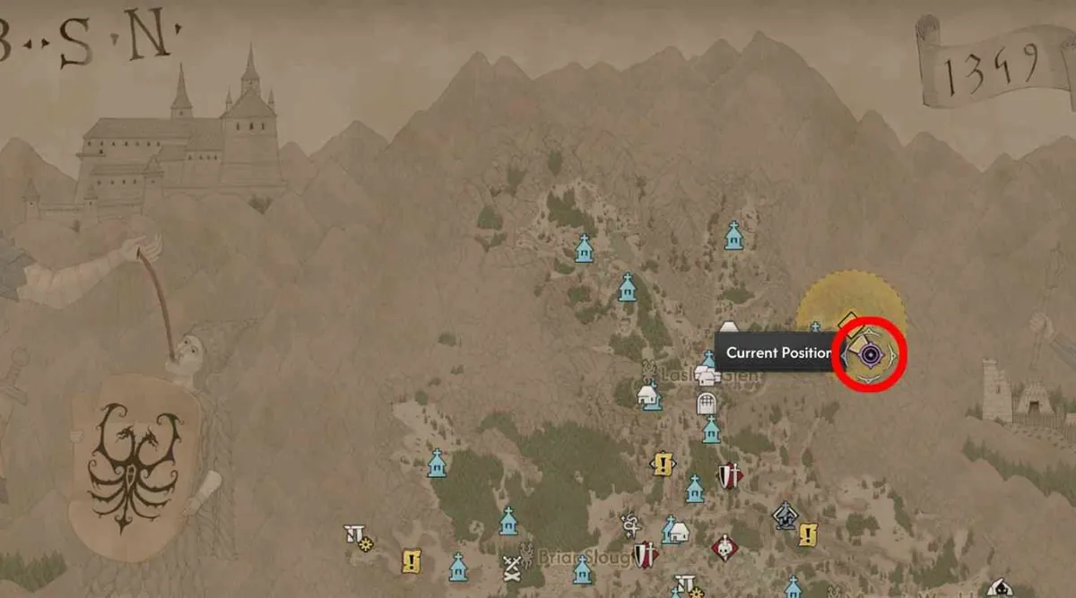 Map showing the current position marker at the bear digging spot in Laslea Glen
