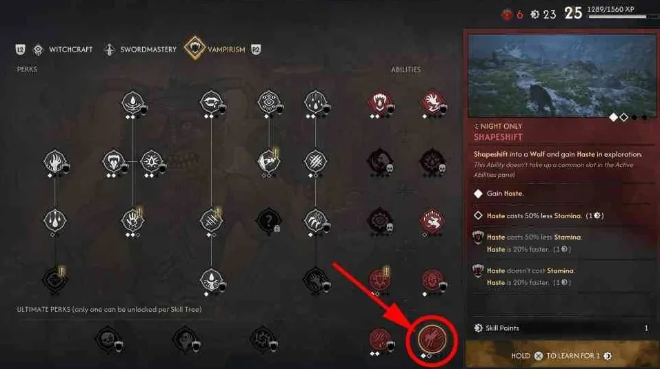 The Vampirism skill tree showing the night-only Shapeshift ability in The Blood of Dawnwalker