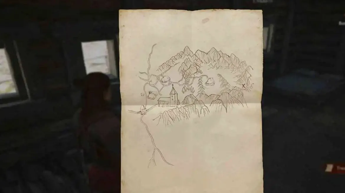 A hand-drawn bandit treasure map showing a church and mountain landmarks
