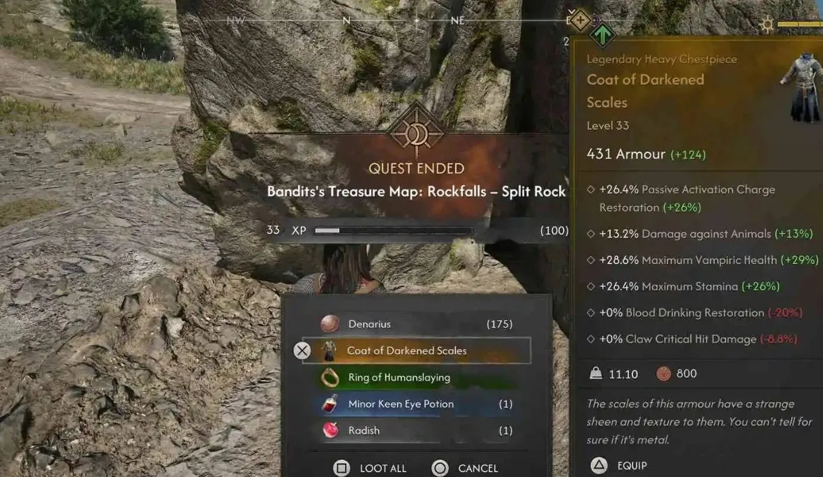 Quest ended screen for the Rockfalls Split Rock treasure map showing the Coat of Darkened Scales and Ring of Humanslaying